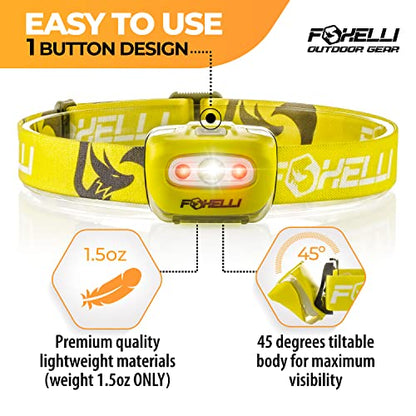 Foxelli LED Headlamp Flashlight for Adults & Kids, Running, Camping, Hiking Head Lamp with White & Red Light, Comfortable Headband, Lightweight & Waterproof, 3 AAA Batteries - color: 1-Pack Neon Yellow