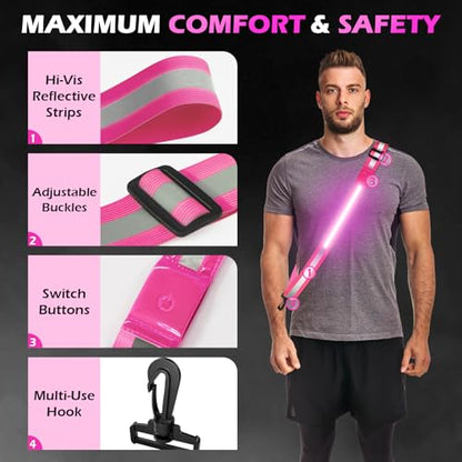 Rechargeable LED Reflective Belt Sash – High Visibility Safety Gear with 5 Colors 11 Light Modes, Adjustable Strap for Night Dog Walking, Running & Biking - color: Pink