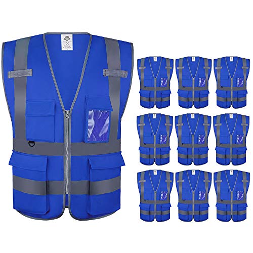 Dazonity Safety Vest with Pockets & Zipper, 10 Pcs,Reflective, for Construction(Blue-XL) - color: Blue-xl