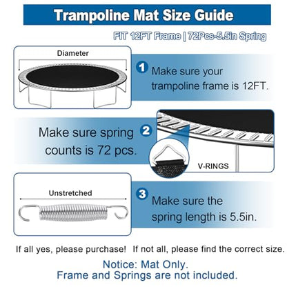 Ketofa 12FT 14FT 15FT Trampoline Mat Replacement, Fits 5.5" Springs 72 80 V-Hooks Round Trampoline Frame,Premium Trampoline Jumping Mat (Excluding Frame and Spring) - size: ‎12FT|127" Wide|72 V-Rings | Fits 5.5" Springs