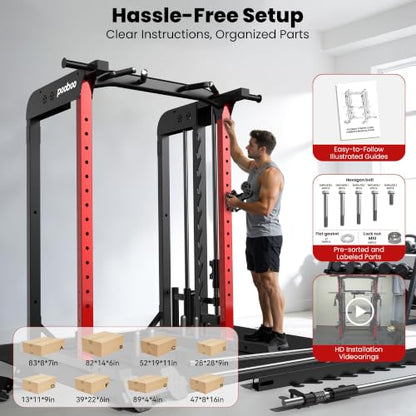 pooboo Power Cage Smith Machine with 2000LB Squat Rack Cable System