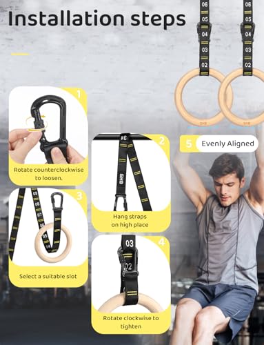 GHB Gymnastic Rings Wooden Gym Rings 1.25" - style: 32mm Rings & Carabiner Numbered Straps Set