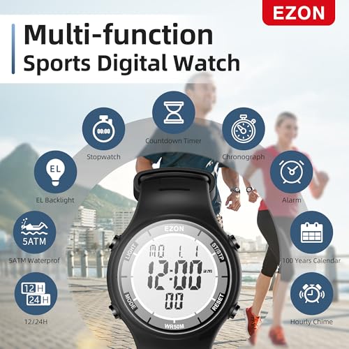 EZON Digital Watch with Stopwatch Countdown Timer Alarm EL Backlight,Ultra-Thin Large Display 5ATM Waterproof Digital Wrist Watches for Men Women - color: Camouflage Green
