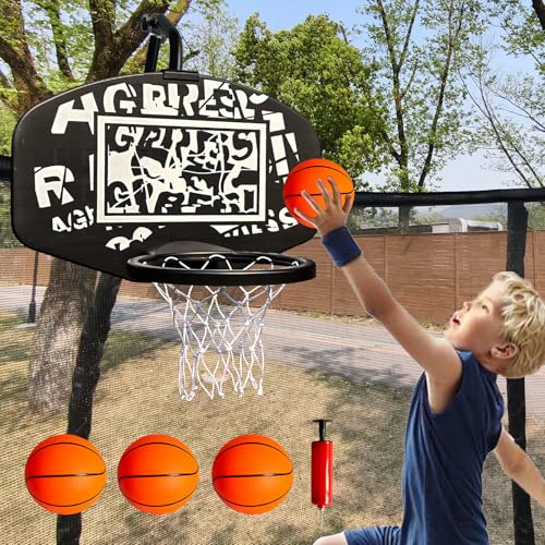 Basketball Hoop for Trampoline, Fits Straight and Curved Pole Trampoline Basketball Hoop Attachment with Balls and Pump, Universal Accessories of All Ages, Height and Angle Adjustable - color: Black