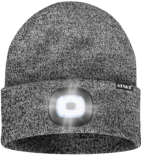 ATNKE LED Lighted Beanie Hat,USB Rechargeable 8 LED Red Glow Flashing Alarm Running Headlamp Cap Gifts for Men and Women - color: #Blended Black White