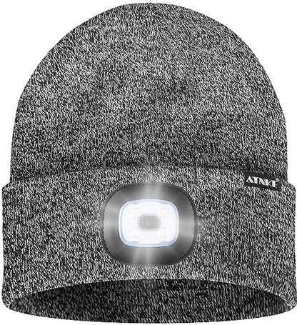 ATNKE LED Lighted Beanie Hat,USB Rechargeable 8 LED Red Glow Flashing Alarm Running Headlamp Cap Gifts for Men and Women - color: #Blended Black White
