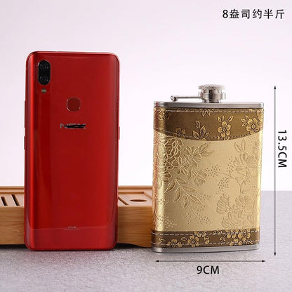 Golden pattern 8 Oz Flask Gift Hip Flask Stainless Steel(304/18-8 SS).Bonus 2 Shot Glass+1Funnel+1Giftbox.Flask Leak Proof Tested.Flask for Liquor/Alcohol.Flask for Men/Women