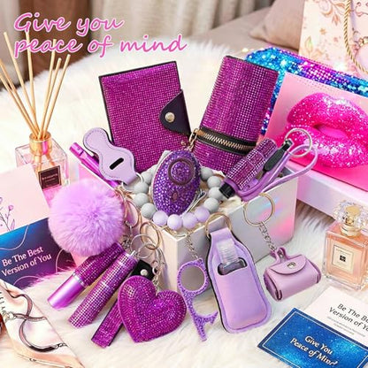 Personal Safety Keychain Set for Women, Self Defense Kit with 130DB Alarm, Wristlet, Emergency Tools - color: Purple