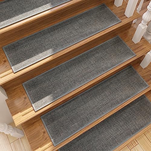 Stair Treads Carpet 4 pcs for Wooden Steps with Non Slip Rubber Backing, 100% Polyester Soft Stairs Resistant Indoor Skid Runner Safety Rugs for Kids Elders and Pets 30" * 8" (Gray-Dense Knitting) - color: Gray-dense Knitting, size: 30" x 8" (Oblong)