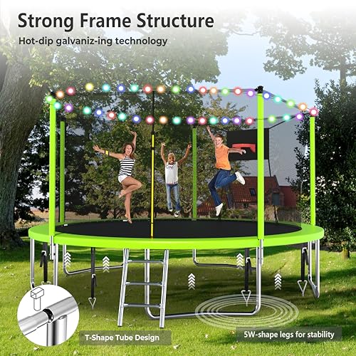 Lyromix Upgraded 14FT 15FT Trampoline Outdoor with Basketball Hoop, Stakes, Light, Sprinkler, Capacity for 4-8 Kids & Adults