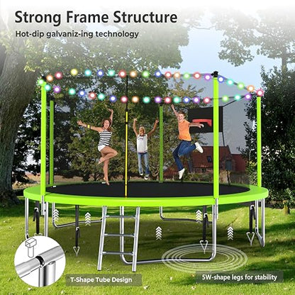 Lyromix Upgraded 14FT 15FT Trampoline Outdoor with Basketball Hoop, Stakes, Light, Sprinkler, Capacity for 4-8 Kids & Adults