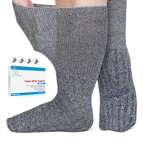 Bulinlulu Extra Width Diabetic Socks Men Women-4 Pairs Wide Edema Sock for Swollen Feet,Non Slip Cast Bariatric Socks 13-15 - color: Navy Blue
