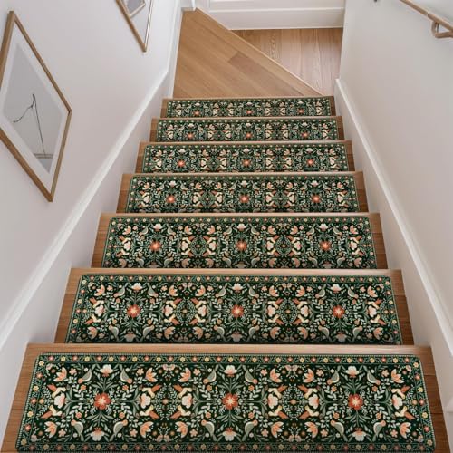 OJIA Floral Stair Treads Non-Slip Stair Runner for Wooden Steps 15PC 30"x8" - color: Black-bird, size: 15PCS