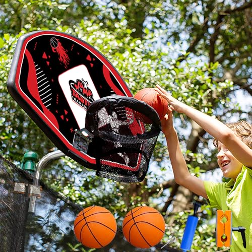 Jump Tastic Trampoline Trampoline Basketball Hoop, Fits Straight and Curved Pole Basketball Hoop for Trampoline, Universal Attachment with Mini Ball and Pump