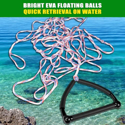 Dolibest 75FT Floating Water Ski Rope with Comfortable Handle, 4-Section Adjustable Wakeboard Tow Rope for Wakeboarding,Waterskiing,Kneeboarding & Tubing, 1600LB Strength & Reinforced End - color: White + Red + Blue (with Foam)
