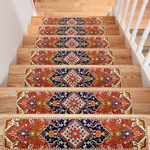 Non-Slip Stair Treads, 7.8" X 30" (7-Pack) Rubber Stair Runner Mat, Distressed Vintage Slip Resistant Stair Tread Mats Step Covers Pads for Elders Kids Pets (Orange-Red&Black-7 PCS, 30" x 7.8") - color: Orange-red & Black-7 Pcs, size: 8" x 2'6" (Rectangul