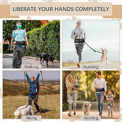 Hands-Free Waist Leash with Pouch for Two Dogs: Reflective Stitching, Dual Handle & Bungee Retractable Design – Ideal for Medium to Large Dogs (Grey) – Dog Walking Accessories - color: Grey
