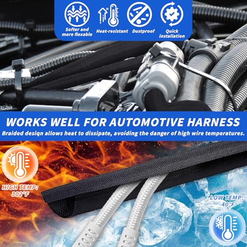 30ft - 1in Split Braided Sleeve Cable Management, Self-Wrapping - size: 1inx30ft
