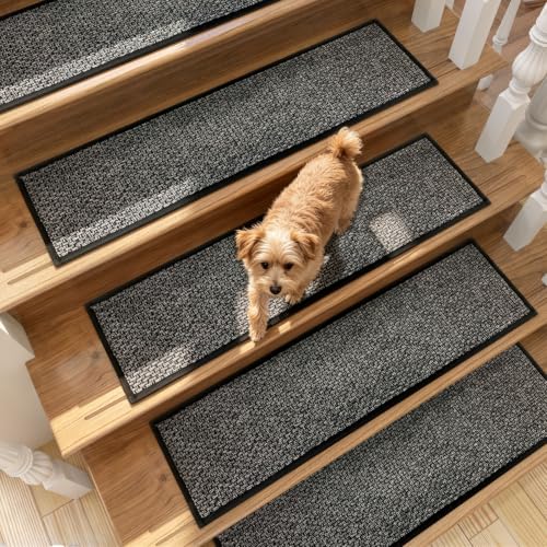 Stair Treads Carpet 4 pcs for Wooden Steps with Non Slip Rubber Backing, 100% Polyester Soft Stairs Resistant Indoor Skid Runner Safety Rugs for Kids Elders and Pets 30" * 8" (Dark Gray) - color: Dark Gray, size: 30" x 8" (Oblong)