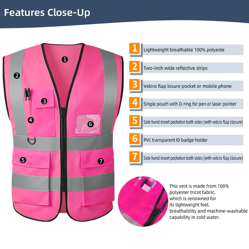 High Visibility Safety Vest with Reflective Strips & Pockets - color: Pink, size: XX-Large