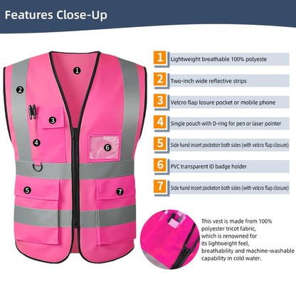 High Visibility Safety Vest with Reflective Strips & Pockets - color: Pink, size: Large