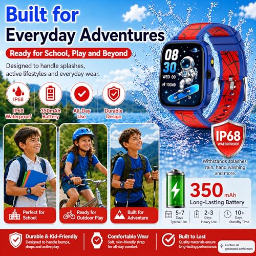 Smart Watch for Kids Boys Age 5-12, Ai Functions Games HD Touch Screen Watches with Video Camera Music Player Pedometer Heart Rate Sleep Tracker Christmas Birthday Gifts for Boys (Blue and Red, 1.85") - color: Blue and Red