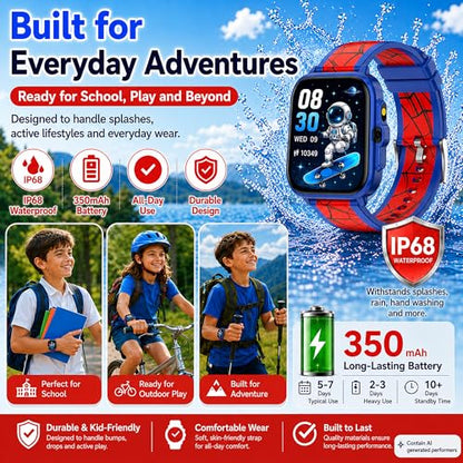Smart Watch for Kids Boys Age 5-12, Ai Functions Games HD Touch Screen Watches with Video Camera Music Player Pedometer Heart Rate Sleep Tracker Christmas Birthday Gifts for Boys (Blue and Red, 1.85") - color: Blue and Red