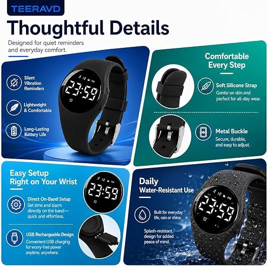 Alarm Clock for Heavy Sleepers Vibrating Wristband Silent Wake Up Watch with Fitness Tracker Step Counter Sleep Tracking Stopwatch Water Resistant Rechargeable Bracelet Adults Teens Kids - color: Ice White