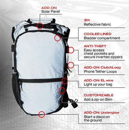 RAVERUNNER® Anti-Theft Hydration Backpack | Festival Approved Rave Backpack for Concert Goers, Leak-Free Festival Water Backpack for EDC, Rave Hydration Pack - color: Reflective