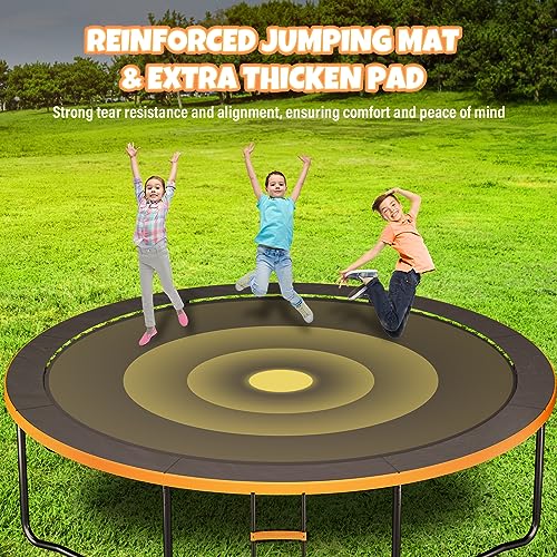 Kiivakii Trampoline 10FT 12FT 14FT 16 FT, Outdoor Trampolines for Kids and Adults, Recreational Trampolines with Curved Poles & Enclosure, ASTM Approval Round Trampoline for Backyard