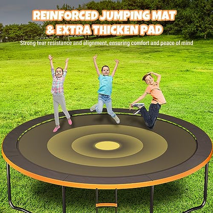 Kiivakii Trampoline 10FT 12FT 14FT 16 FT, Outdoor Trampolines for Kids and Adults, Recreational Trampolines with Curved Poles & Enclosure, ASTM Approval Round Trampoline for Backyard