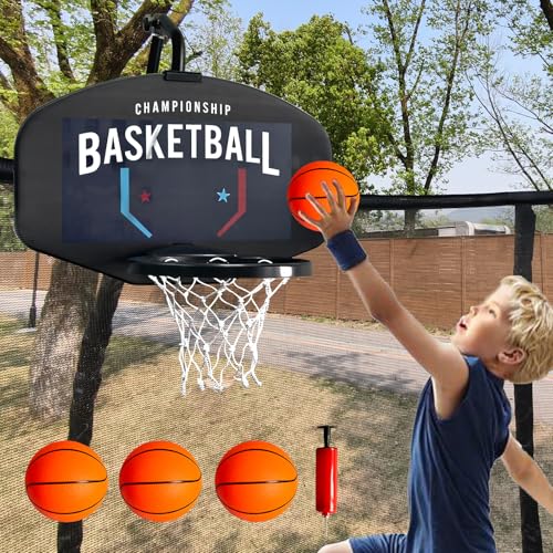 Basketball Hoop for Trampoline, Fits Straight and Curved Pole Trampoline Basketball Hoop Attachment with Balls and Pump, Universal Accessories of All Ages, Height and Angle Adjustable - color: Blue
