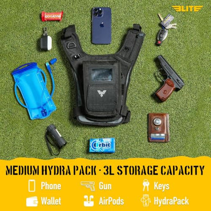 Elite Hydra Running Chest Pack w/ Gun Holster, Phone Holder Touch Friendly, Camera Pocket for Men/Women Lightweight Hydration Vest Chest Rig w/ Water Bladder for Marathon, Cycling, ADV Camping, Skiing - size: Medium