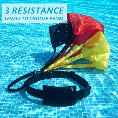 Foilswirl 4 Pcs Swimming Parachute Resistance Training Set Adjustable Swim Belt with Zippered Phone Pouch 3 Interchangeable Drag Parachute for Progressive Strength Endurance Speed Training