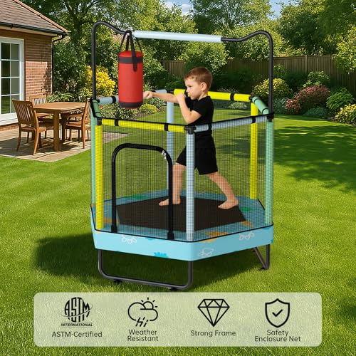 Lamerge Kids Trampoline, Indoor Trampoline Approved by ASTM, Safety Enclosure Net and Adjustable Handrail, 1-8 Children, 500lbs Capacity, 7-in-1, 60" - color: Blue-Dinosaurs, size: Hexagon