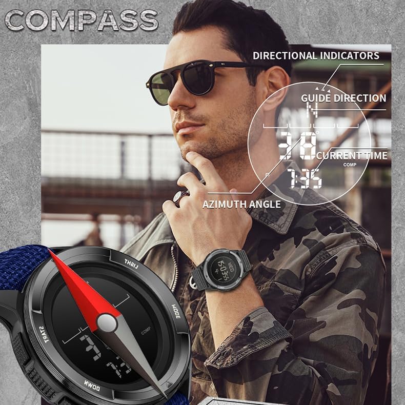 findtime Men's Digital Watch Pedometer Step Counter Watches Military Compass Waterproof Wrist Watch Tactical Sport Watch Calories Counter Pacer Running Wristwatch LED Light Stopwatch Countdown - color: Black_2197