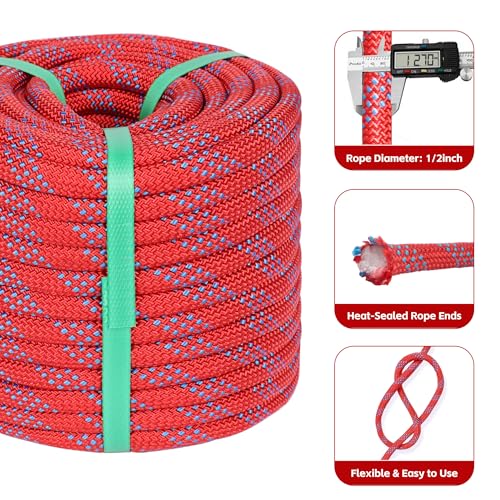 1/2in x 100ft Double Braided Arborist Rigging Rope, 48 Strands Polyester 8000LBS Heavy Duty Climbing Bull Rope for Tree Swing Rappelling Rescue Camping - size: 1/2in x 100ft, style: Red
