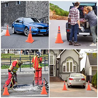 ERKOON 4 Pack 18 inch Collapsible Traffic Cones with Bag, Safety Cones with 4 LED Safety Road Parking Cones Driving Construction Cones Fluorescent Orange Pop Up Reflective Safety Traffic Cones - size: 18inch