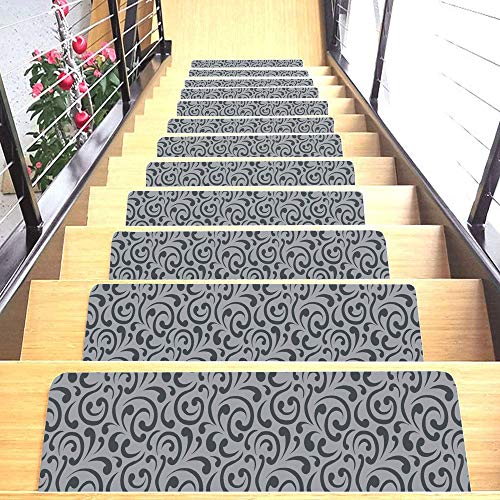 Set of 7 Stair Treads Ultra-Thin with Non Slip Rubber Backing 9”x26”, Gray 7 Pieces - color: Grey, size: Design #3