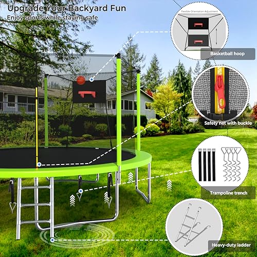 Lyromix Upgraded 14FT 15FT Trampoline Outdoor with Basketball Hoop, Stakes, Light, Sprinkler, Capacity for 4-8 Kids & Adults