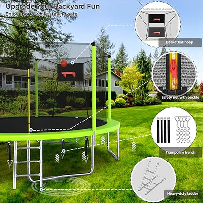 Lyromix Upgraded 14FT 15FT Trampoline Outdoor with Basketball Hoop, Stakes, Light, Sprinkler, Capacity for 4-8 Kids & Adults
