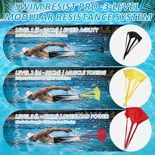 Foilswirl 4 Pcs Swimming Parachute Resistance Training Set Adjustable Swim Belt with Zippered Phone Pouch 3 Interchangeable Drag Parachute for Progressive Strength Endurance Speed Training
