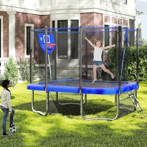 GYMAX Trampoline Outdoor, 10 x 8FT Rectangle Trampoline with Basketball Hoop, Soccer Goal, Anti-Slip Ladder & Shoes Storage, Heavy Duty Backyard Trampolines for Kids & Adults - color: Blue