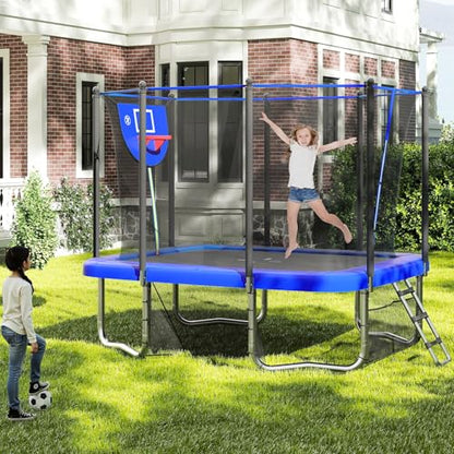 GYMAX Trampoline Outdoor, 10 x 8FT Rectangle Trampoline with Basketball Hoop, Soccer Goal, Anti-Slip Ladder & Shoes Storage, Heavy Duty Backyard Trampolines for Kids & Adults - color: Blue