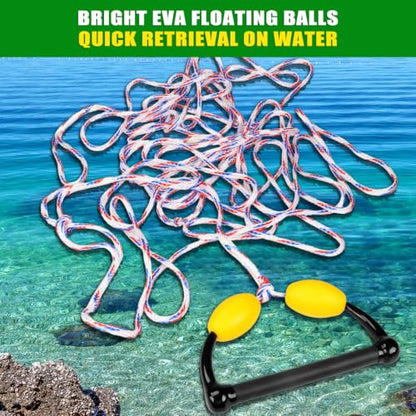 Dolibest 75FT Floating Water Ski Rope with Comfortable Handle, 4-Section Adjustable Wakeboard Tow Rope for Wakeboarding,Waterskiing,Kneeboarding & Tubing, 1600LB Strength & Reinforced End - color: White + Red + Blue (with Float Ball)
