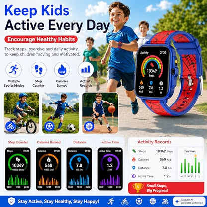 Smart Watch for Kids Boys Age 5-12, Ai Functions Games HD Touch Screen Watches with Video Camera Music Player Pedometer Heart Rate Sleep Tracker Christmas Birthday Gifts for Boys (Blue and Red, 1.85") - color: Blue and Red