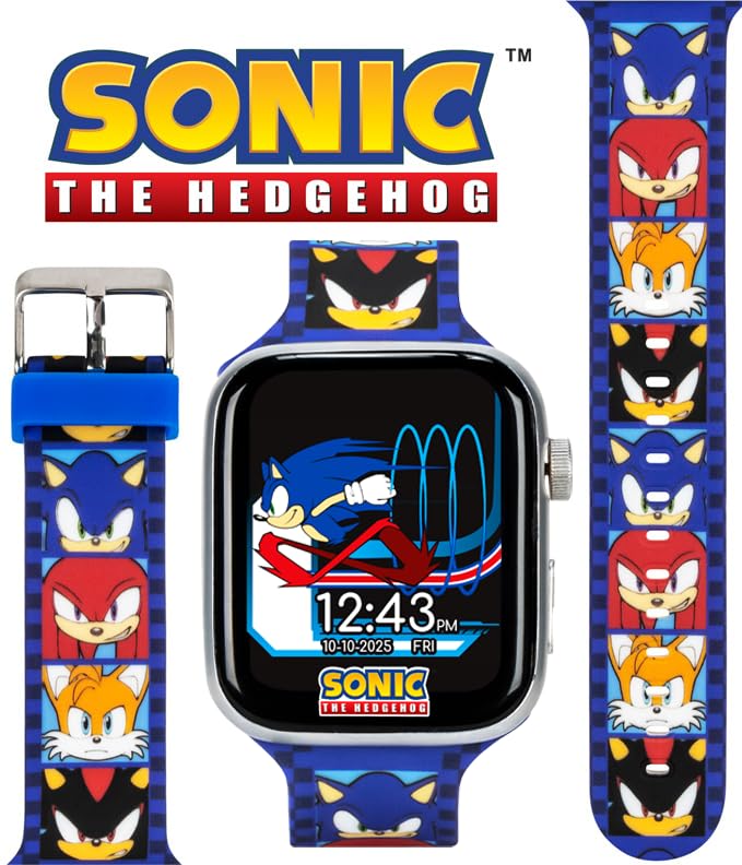 Sonic The Hedgehog Kids Smartwatch – Bluetooth Calling, Messages, Camera, Music, Sleep Tracker, Fitness & Activity Apps – 6 Watch Faces, Touchscreen, USB Rechargeable – Fits Wrists 5.5" to 8"