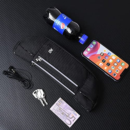 Peicees Fanny Pack with Water Bottle Holder Waist Bag for Men Women Water Resistant Lightweight Reflective Adjustable Running Belt Headphone Bag Travel Pocket for Outdoor Camping Fitness Hiking - color: New Black
