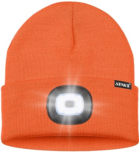 ATNKE LED Lighted Beanie Hat,USB Rechargeable 8 LED Red Glow Flashing Alarm Running Headlamp Cap Gifts for Men and Women - color: #Bright Orange