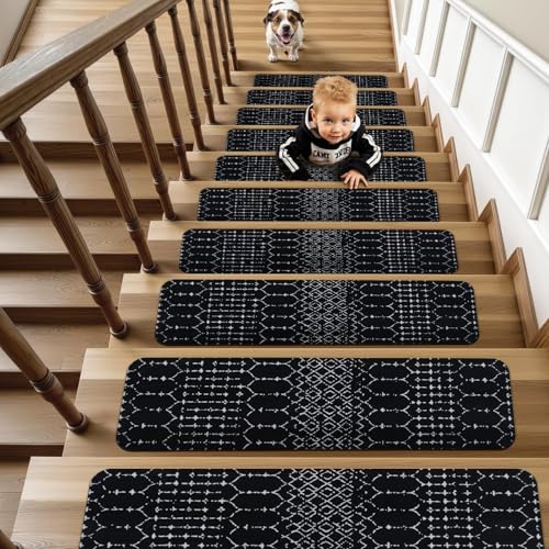 OJIA Stair Treads Non-Slip Stair Runners for Wooden Steps 15PCS 30"x8" - color: Black/Boho, size: 30" x 8"